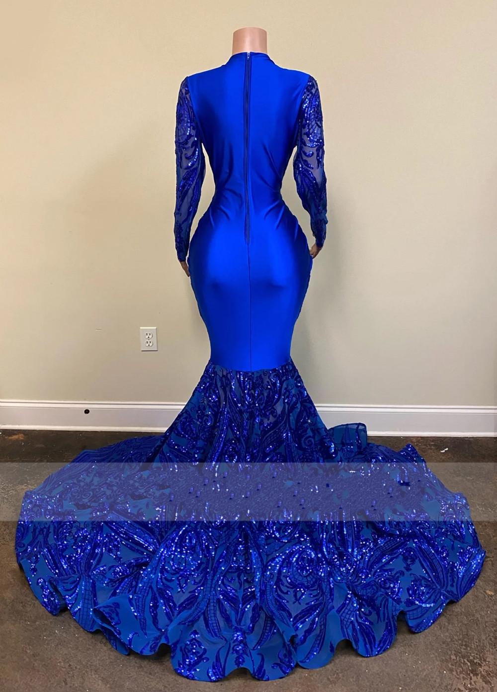 Sexy Royal Blue Long Mermaid V Neck Prom Dresses with Sleeves