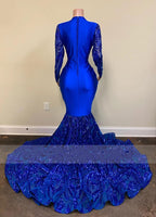 Sexy Royal Blue Long Mermaid V Neck Prom Dresses with Sleeves