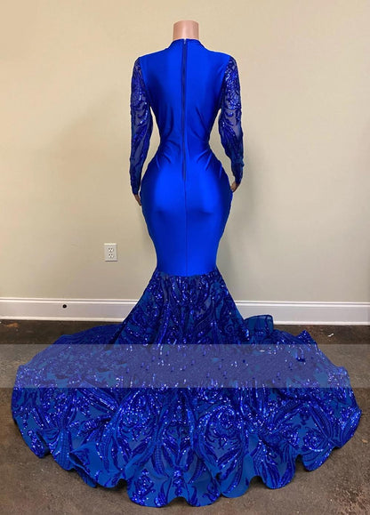 Sexy königsblaues langes Meerjungfrau-Ballkleid mit V-Ausschnitt und Ärmeln