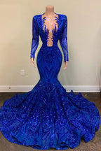 Sexy Royal Blue Long Mermaid V Neck Prom Dresses with Sleeves