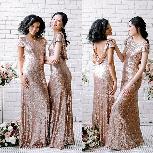 Vestidos de Damas de Honra Sexy com Lantejoulas Dourado Rosado Vestidos Longos para Convidadas de Casamento