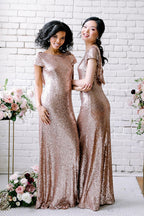 Vestidos de Damas de Honra Sexy com Lantejoulas Dourado Rosado Vestidos Longos para Convidadas de Casamento