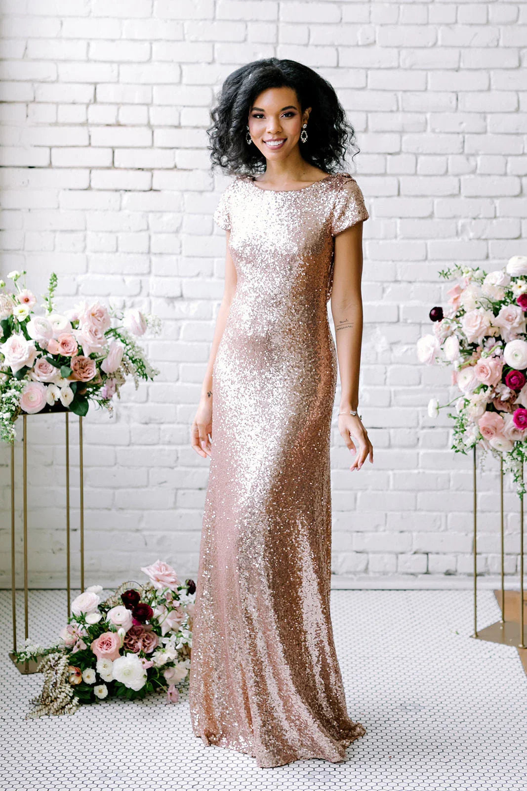 Vestidos de Damas de Honra Sexy com Lantejoulas Dourado Rosado Vestidos Longos para Convidadas de Casamento