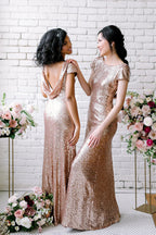 Vestidos de Damas de Honra Sexy com Lantejoulas Dourado Rosado Vestidos Longos para Convidadas de Casamento