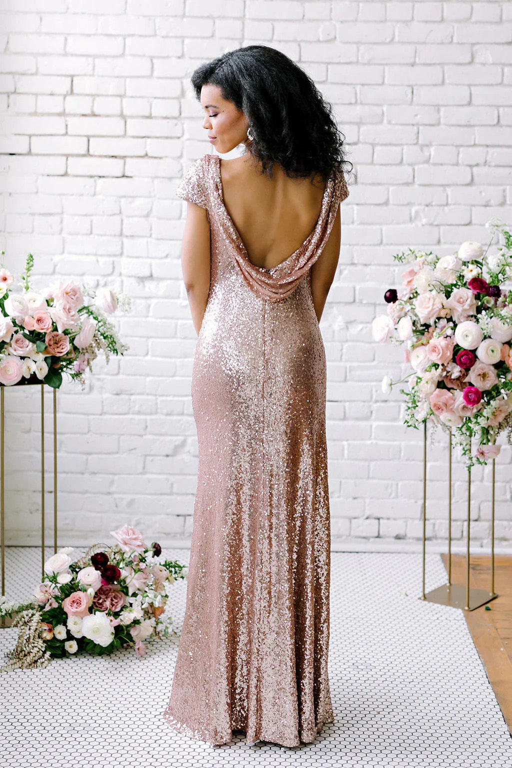 Vestidos de Damas de Honra Sexy com Lantejoulas Dourado Rosado Vestidos Longos para Convidadas de Casamento