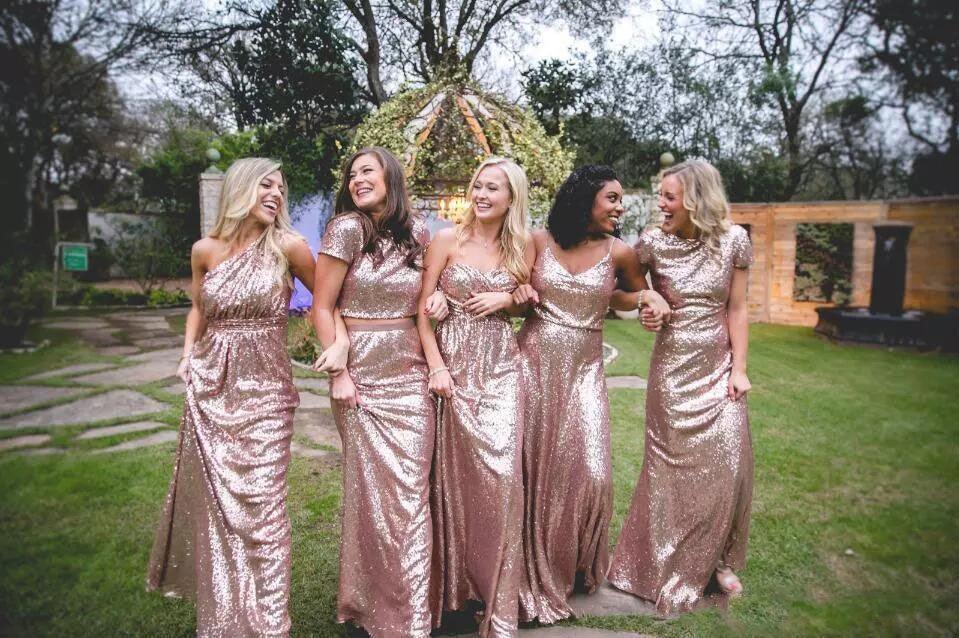 Vestidos de Damas de Honra Sexy com Lantejoulas Dourado Rosado Vestidos Longos para Convidadas de Casamento