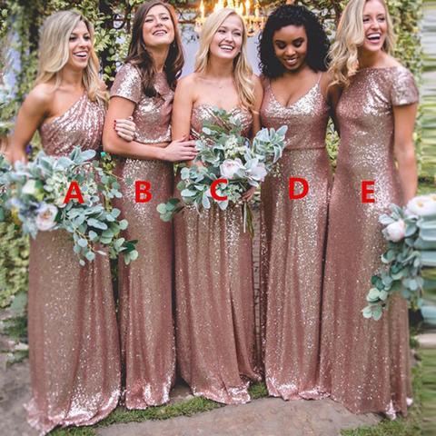 Vestidos de Damas de Honra Sexy com Lantejoulas Dourado Rosado Vestidos Longos para Convidadas de Casamento