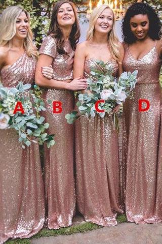 Vestidos de Damas de Honra Sexy com Lantejoulas Dourado Rosado Vestidos Longos para Convidadas de Casamento