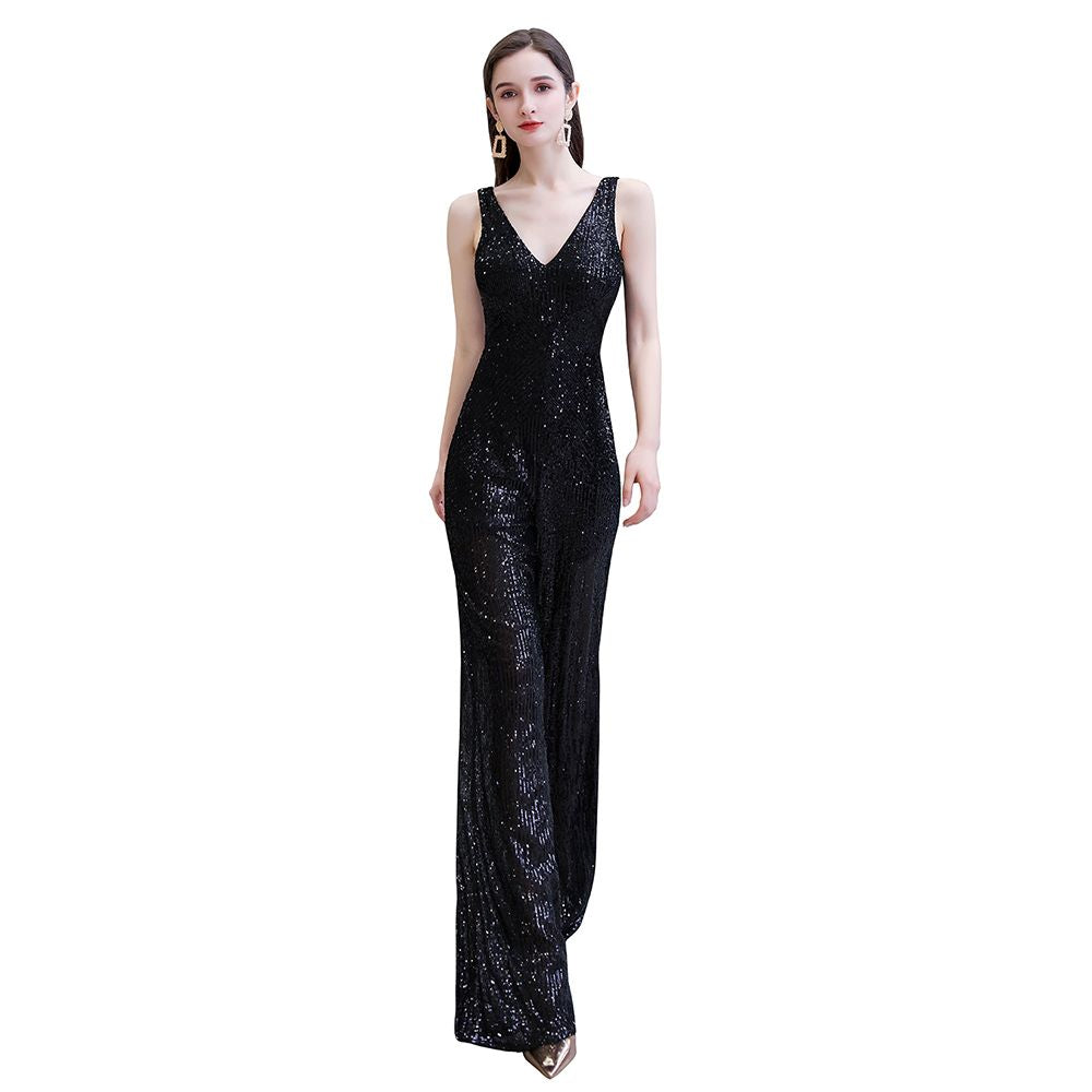 Sexy Shining V-neck Silver Sequin Sleeveless Prom Jumpsuit