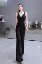 Sexy Shining V-neck Silver Sequin Sleeveless Prom Jumpsuit