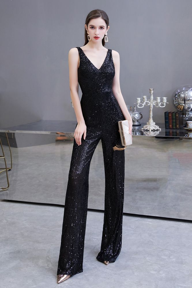 Sexy Shining V-neck Silver Sequin Sleeveless Prom Jumpsuit