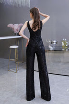 Sexy Shining V-neck Silver Sequin Sleeveless Prom Jumpsuit