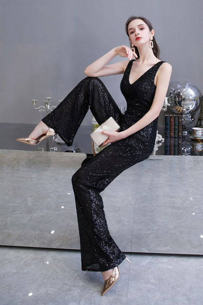 Sexy glänzender ärmelloser Ball-Jumpsuit mit silbernen Pailletten und V-Ausschnitt