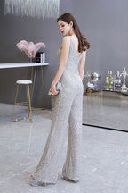 Sexy Shining V-neck Silver Sequin Sleeveless Prom Jumpsuit