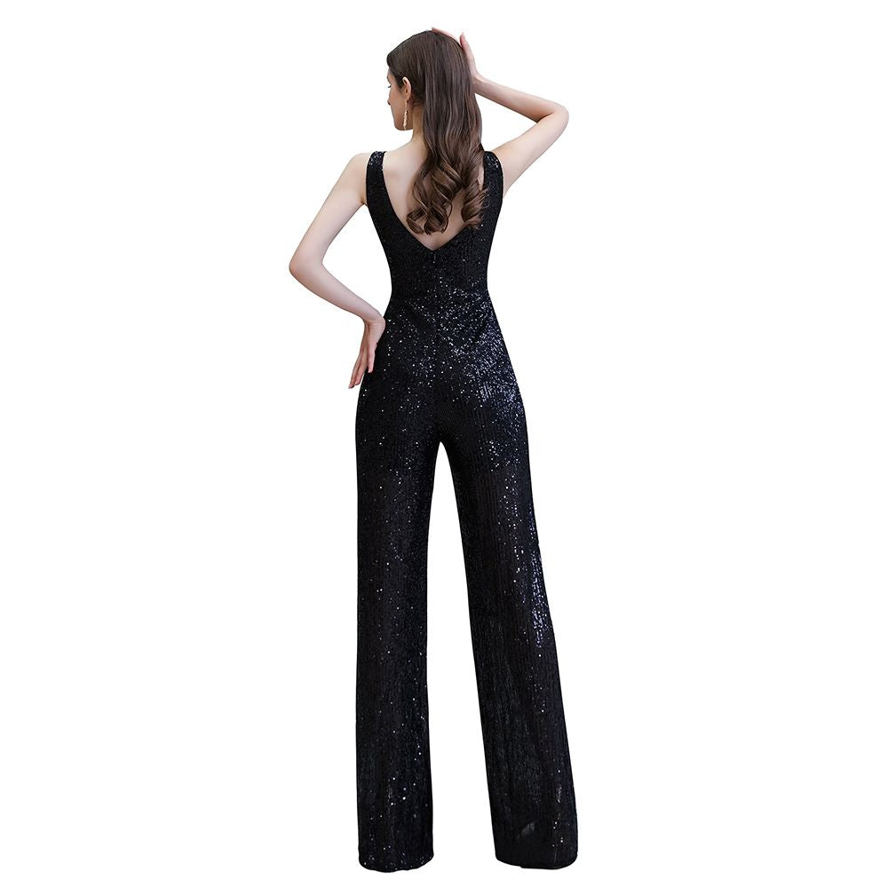 Sexy Shining V-neck Silver Sequin Sleeveless Prom Jumpsuit