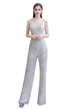 Sexy Shining V-neck Silver Sequin Sleeveless Prom Jumpsuit