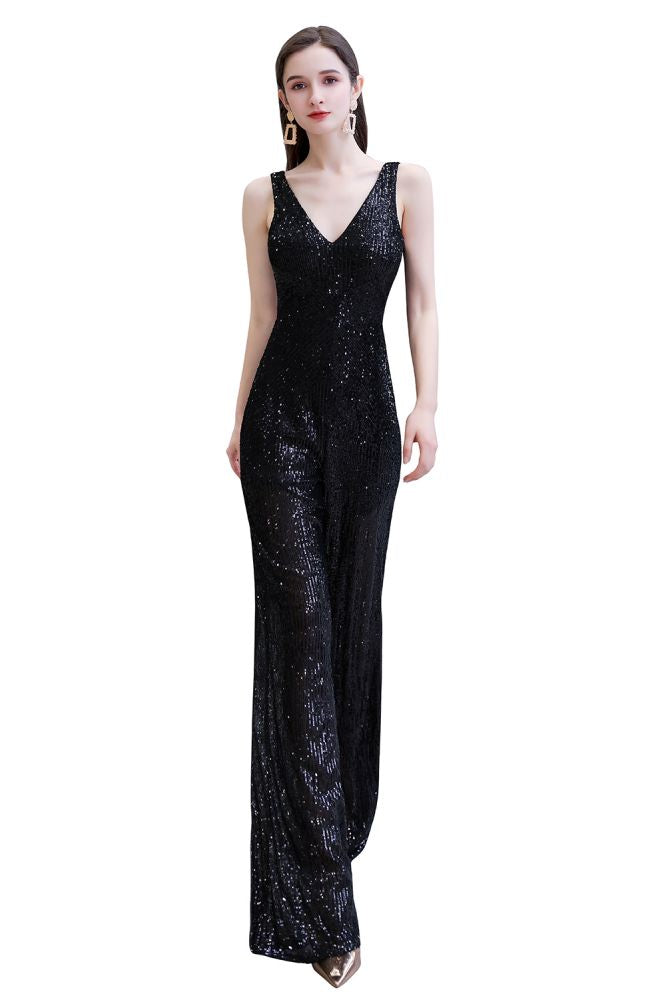 Sexy Shining V-neck Silver Sequin Sleeveless Prom Jumpsuit