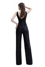 Sexy Shining V-neck Silver Sequin Sleeveless Prom Jumpsuit