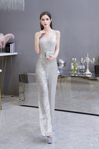 Sexy Shining V-neck Silver Sequin Sleeveless Prom Jumpsuit