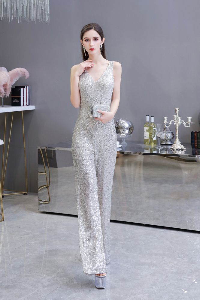 Sexy Shining V-neck Silver Sequin Sleeveless Prom Jumpsuit