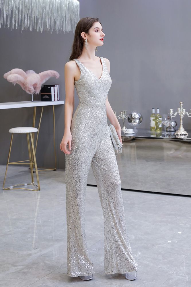 Sexy Shining V-neck Silver Sequin Sleeveless Prom Jumpsuit
