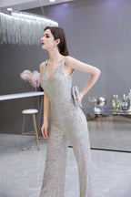 Sexy Shining V-neck Silver Sequin Sleeveless Prom Jumpsuit