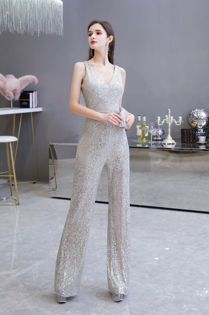 Sexy glänzender ärmelloser Ball-Jumpsuit mit silbernen Pailletten und V-Ausschnitt