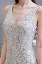 Sexy Shining V-neck Silver Sequin Sleeveless Prom Jumpsuit