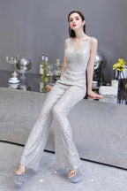 Sexy Shining V-neck Silver Sequin Sleeveless Prom Jumpsuit