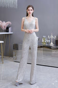Sexy Shining V-neck Silver Sequin Sleeveless Prom Jumpsuit