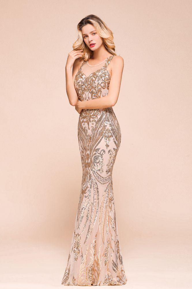 Sexy Sleeveless Mermaid Prom Gown Sparkly Gold Pattern Floor Length Straps Evening Dress