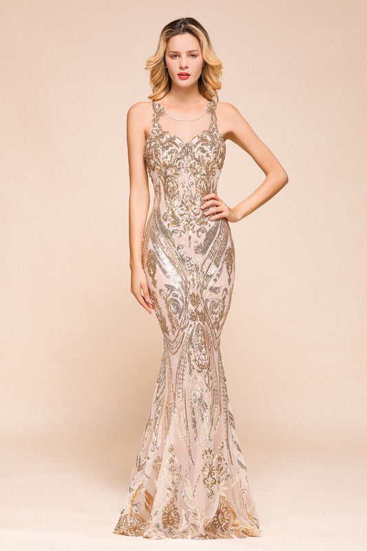 Vestido de fiesta de sirena sexy sin mangas con estampado dorado brillante y tirantes hasta el suelo