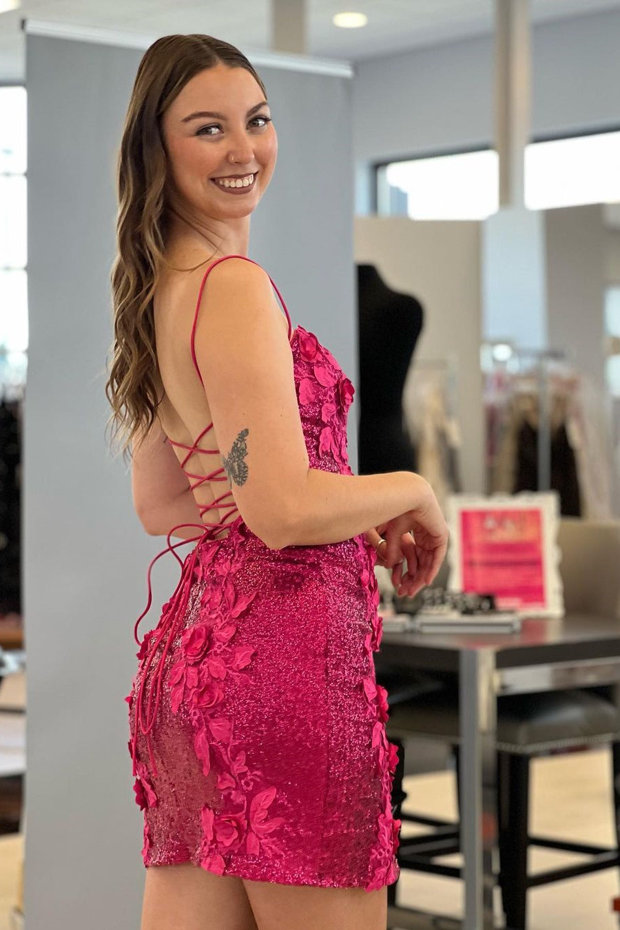 Sexy Spaghetti Straps Backless Appliques Homecoming Dress