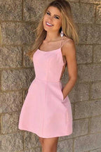 Sexy Spaghetti Straps Short Pink Homecoming Dress with Pockets