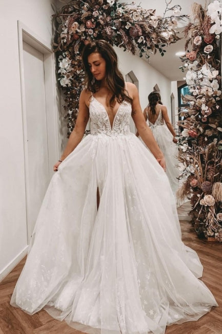 Robes de mariée en dentelle à bretelles fines sexy, sans manches, coupe trapèze