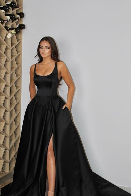 Sexy spaghetti straps sleeveless a-line satin evening dresses split front