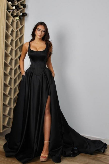 Sexy spaghetti straps sleeveless a-line satin evening dresses split front