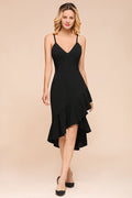 Sexy Spaghetti Straps Sweetheart Slim Hi-Lo Party Dress Vintage Backless Black Prom Dress