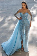 Sexy Sparkly Long Sleeves Mermaid Prom Dresses Evening Gowns With Lace