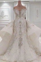 Robes de mariée sirène longues avec traîne et sur-jupe, sans bretelles, ornées de cristaux, séduisantes