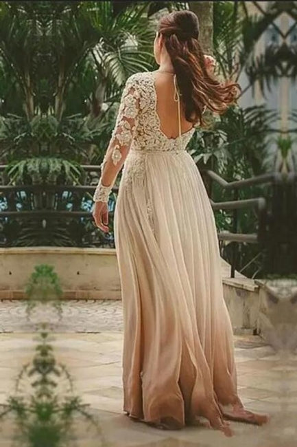 Robe de mariée bohème en mousseline, ligne A, manches longues, dos nu, style romantique et séduisant