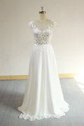 V Neck Appliques Sleeveless A Line Chiffon Wedding Dress White Bridal Gown