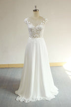 V Neck Appliques Sleeveless A Line Chiffon Wedding Dress White Bridal Gown