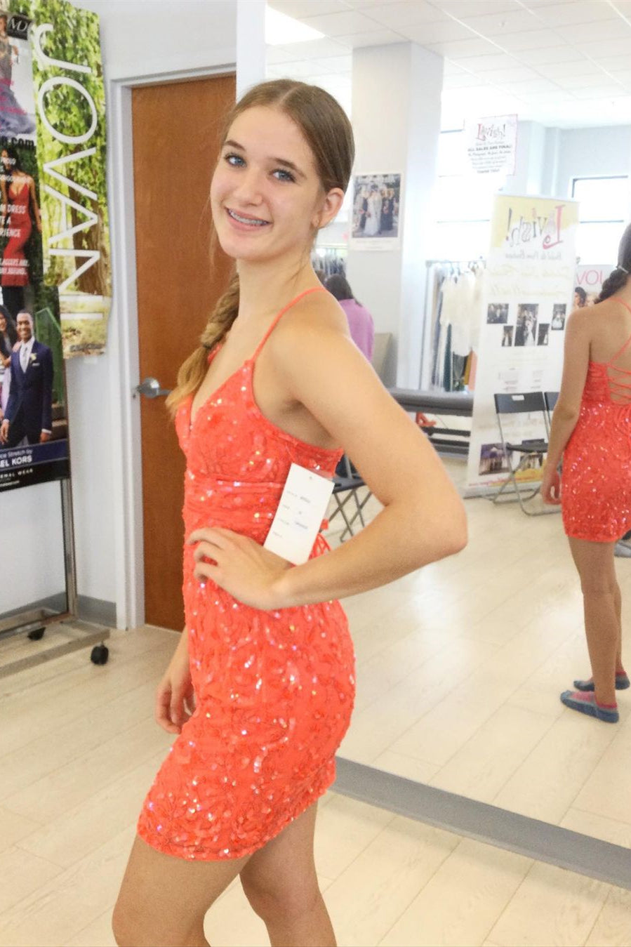 Sexy V-neck Orange Backless Sequined Sleeveless Homecoming Dress With Lace