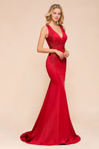Sexy V-neck Sleeveless Mermaid Evening Maxi Gown Floral Appliques Party Dress with Sweep Train