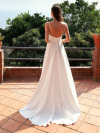 Abito lungo bianco sexy a linea ad A con scollo a V e schiena scoperta in raso per cerimonie formali con spacco