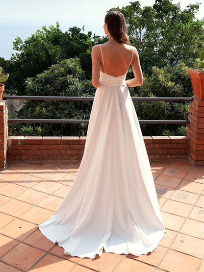Sexy weißes langes A-Linien-Ballkleid aus Satin mit V-Ausschnitt und offenem Rücken und Schlitz