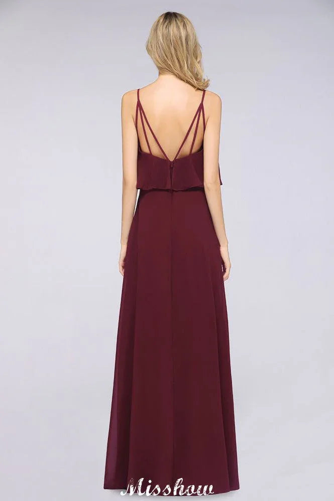 Robe de demoiselle d'honneur bordeaux Shapghetti en mousseline dos nu, robe d'invitée de mariage