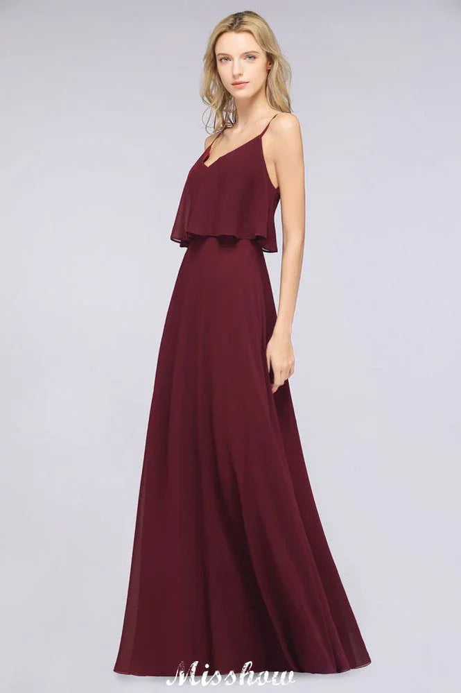 Robe de demoiselle d'honneur bordeaux Shapghetti en mousseline dos nu, robe d'invitée de mariage