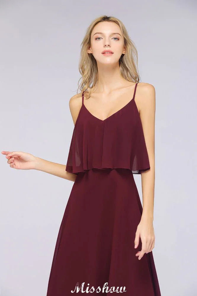Robe de demoiselle d'honneur bordeaux Shapghetti en mousseline dos nu, robe d'invitée de mariage